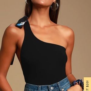 Lulu’s AliciaLynn Black One Shoulder Bodysuit